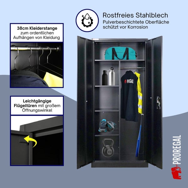 Offener Metallschrank aus pulverbeschichtetem Stahlblech mit zwei Flügeltüren, Fachböden, einer 38 Zentimeter Kleiderstange und Proregal Logo.