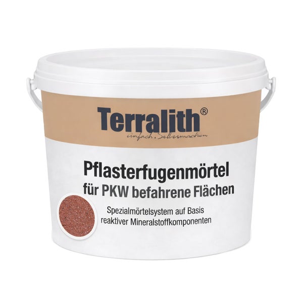 Terralith Pflasterfugenmörtel für Personenkraftwagen befahrene Flächen, Spezialmörtelsystem auf Basis reaktiver Mineralstoffkomponenten.