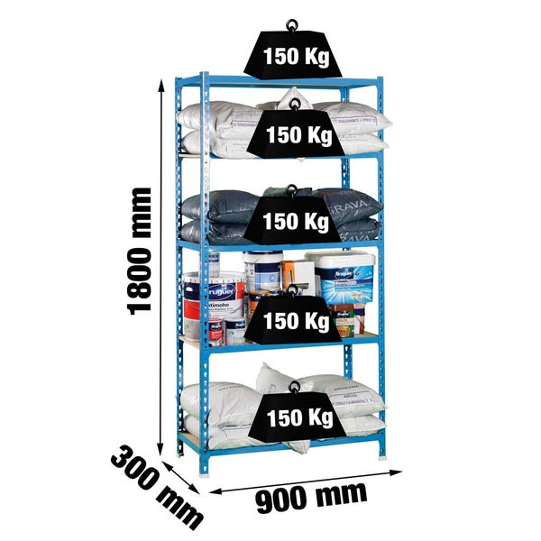 PROREGAL Schwerlastregal Muli HxBxT 180 x 90 x 30 cm 5 Fachböden Fachlast 150 kg Blau