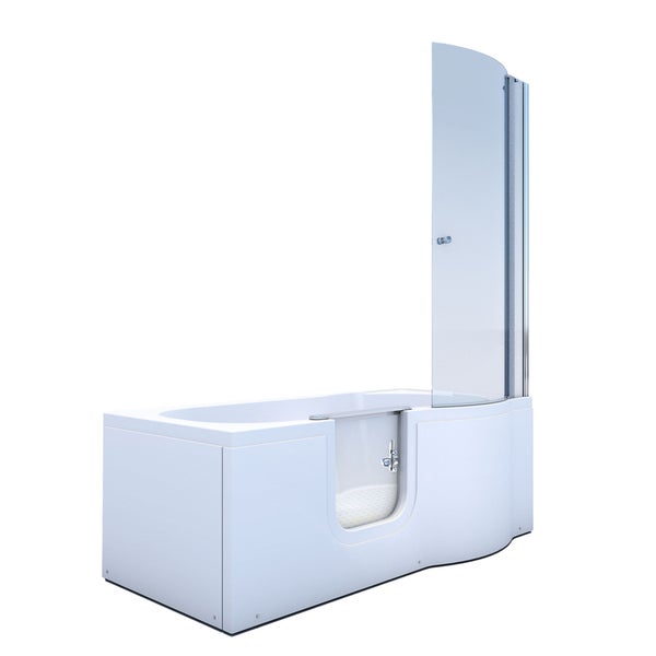 Weiße barrierefreie Sitzbadewanne mit integrierter Duschwand aus Glas, rutschhemmender Bodenstruktur und verchromten Details.