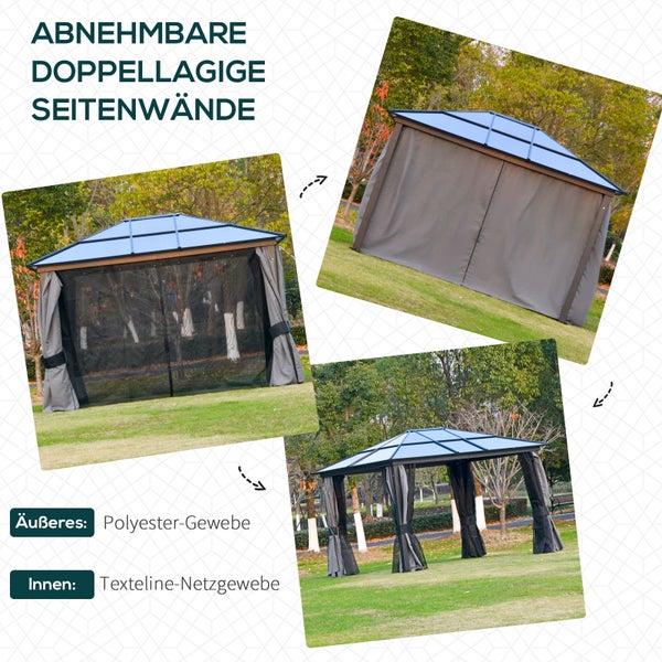 Outsunny Hardtop Gartenpavillon 3 x 3,6m, 4 x Doppel-Vorhänge, wetterfest, stabil, festes lichtdurchlässiges Dach, Dunkelgrau+Schwarz