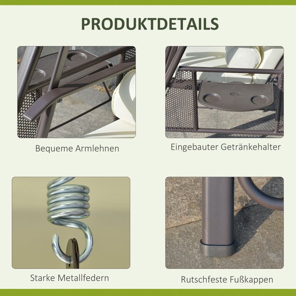 Outsunny 2-Sitzer Hollywoodschaukel, Gartenschaukel mit Sonnendach, 162 x 118 x 173 cm, Metall, Polyester, Beige