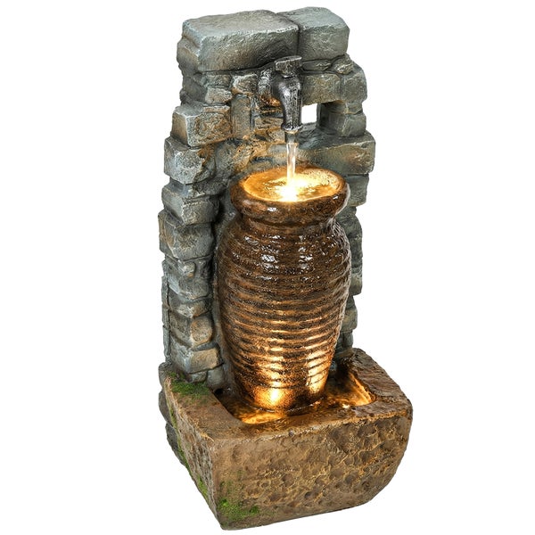 Gartenbrunnen in Steinoptik mit Amphore, Wasserhahn und LED-Beleuchtung