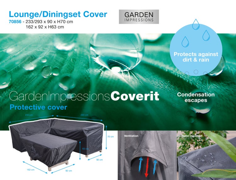 Garden Impressions Logo. Schutzhülle für Lounge-Sets. Wasserfest, Belüftung. Maße 233 bis 293 mal 90 mal 70 und 162 mal 92 mal 63 Zentimeter.