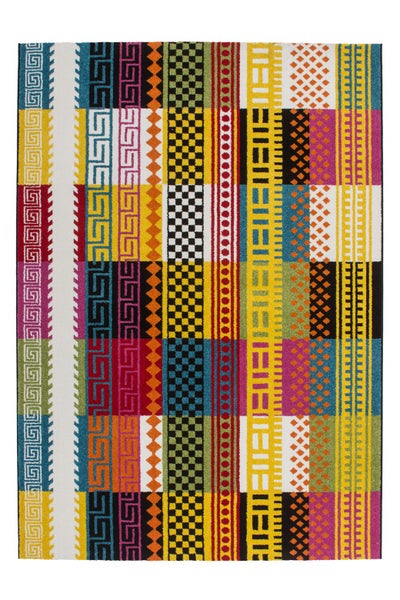 Bunter Webteppich mit orientalischem Streifenmuster und geometrischen Formen in verschiedenen Designs