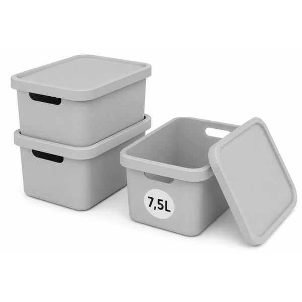 Set aus drei Kunststoff Aufbewahrungsboxen mit Deckel und einem Volumen von 7,5 Litern zur Organisation.