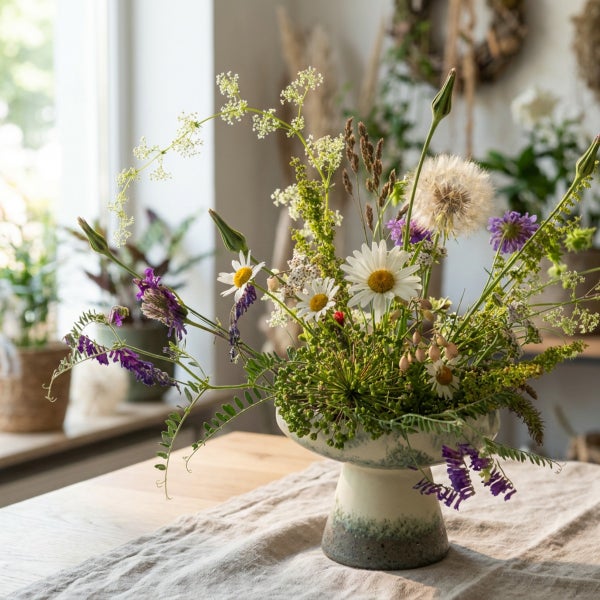 Wiesenblumenstrauß in einer dekorativen Keramikschale auf einem Holztisch in einem hellen, naturnahen Wohnbereich.