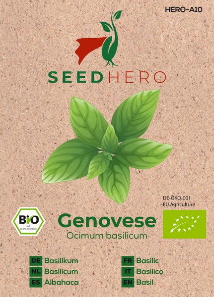 Samentüte für Bio-Basilikum Genovese, SeedHero Logo, Bio-Siegel nach EG-Öko-Verordnung.
