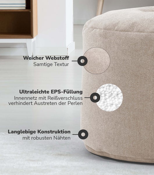 mokebo Pouf, Hocker o. Bodenkissen 'Der Ruhepouf' Sitzhocker rund und Fußhocker fürs Wohnzimmer, leichter Sitzpouf aus Stoff in Beige