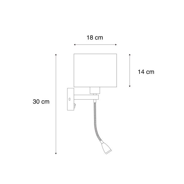 Technische Zeichnung einer Wandleuchte mit Leselampe und den Maßen 18, 14 und 30 Zentimeter.