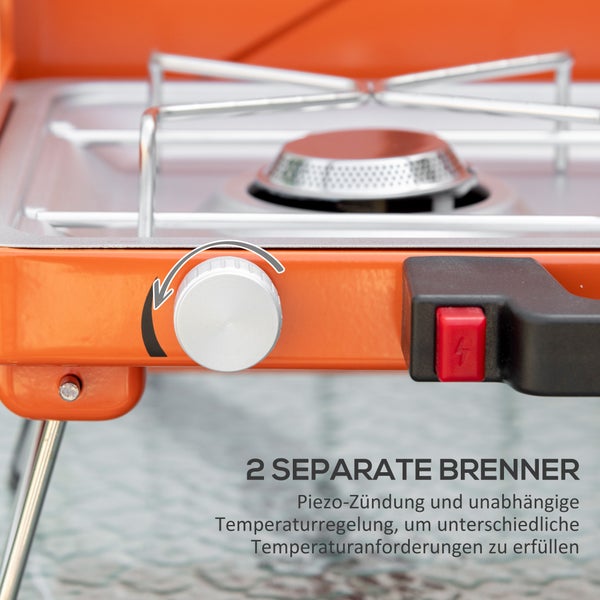 Outsunny Gasgrill, Tischgrill, BBQ mit 2 Brennern, für Picknick, Garten, 46,5 x 33,5 x 17,4 cm, Edelstahl+Metall, Orange