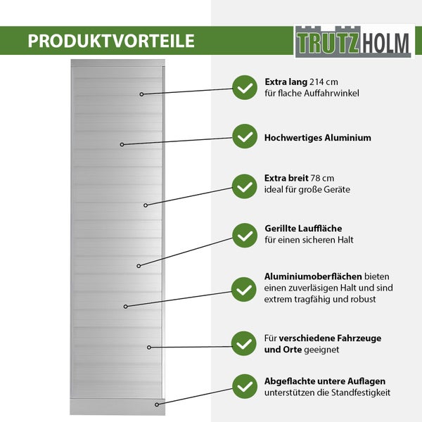 TrutzHolm Logo mit Produktvorteilen einer Aluminium-Laderampe: extra lang, hochwertiges Aluminium, extra breit, gerillte Lauffläche, geeignet für verschiedene Fahrzeuge und Orte, abgeflachte untere Auflagen