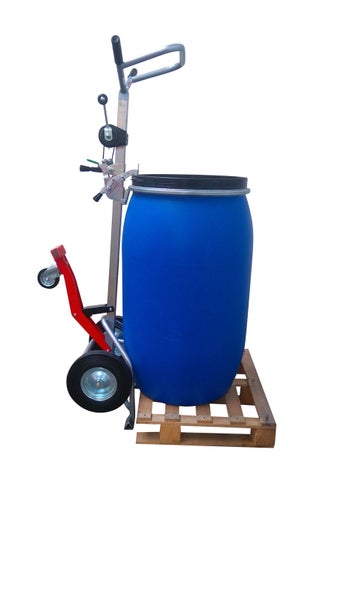 Fasskarre mit blauem Kunststofffass auf Palette