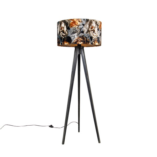 QAZQA - Klassisch I Antik Stehlampenstativ schwarz mit Blumenschirm 50 cm - Tripod I Dreifuß Lampe I Dreifuss Classic I Wohnzimmer I Schlafzimmer - Holz Rund - LED geeignet E27