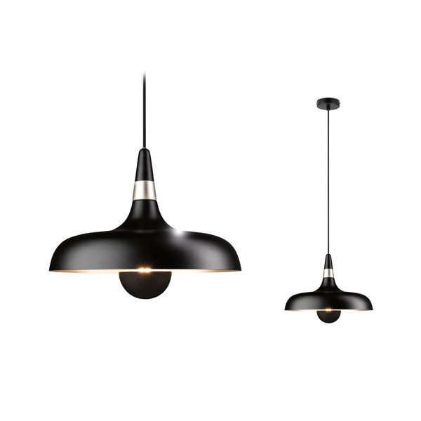 Moderne Pendelleuchte aus Metall in Schwarz mit breitem Schirm und silberfarbenem Zierring, einflammig.