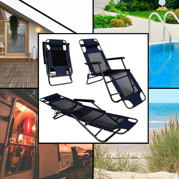 Faltbare Campingliege Freizeitliege | Verstellbare Gartenliege | Liegestuhl mit Nackenstütze | Klappliege in Dunkelblau | Stahlrahmen | Belastbarkeit max. 100KG | 178cm