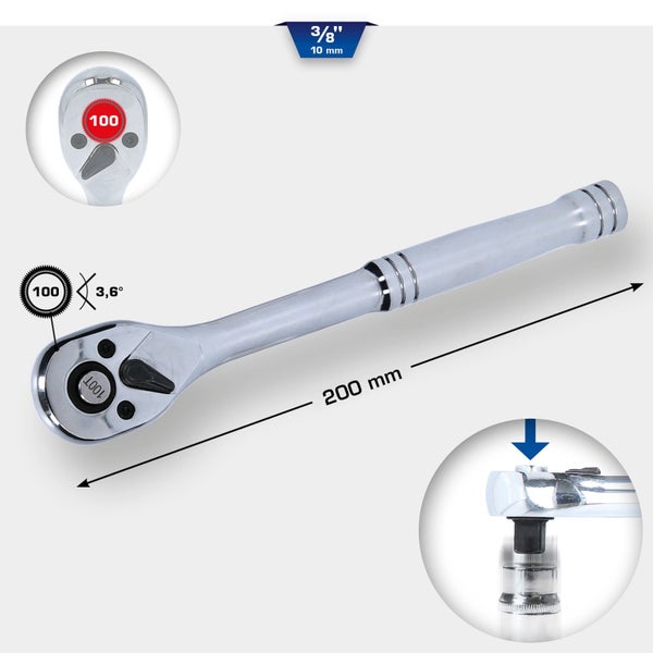 Knarre mit 3/8 Zoll Aufnahme, 200 mm Länge und 100 Zähnen