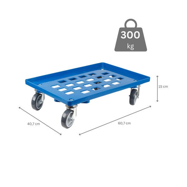 PROREGAL Transportroller für Euroboxen 60 x 40 cm mit Gummiräder Blau Gitter/Rasterdeck 2 Lenkrollen und 2 Bremsrollen Traglast 300 kg