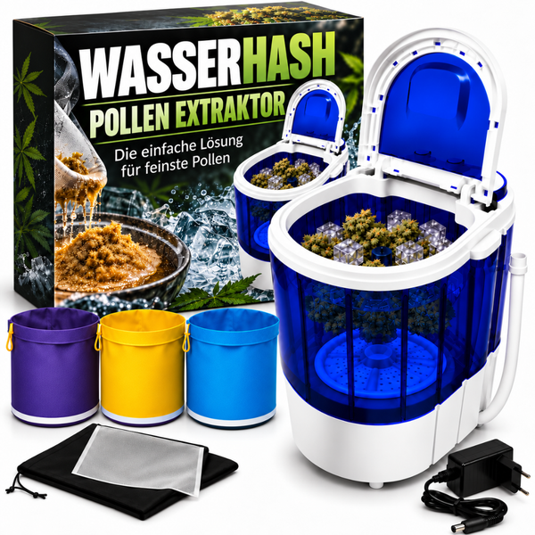 Wasserhash Pollen Extraktor Set mit elektrischer Extraktionsmaschine, drei Filtersäcken, Trocknungstuch und Netzteil in der Produktverpackung.