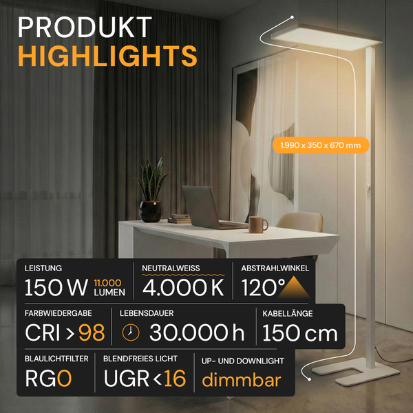 Moderne LED-Stehleuchte im Büro: 150 Watt, 11000 Lumen, 4000 Kelvin, Farbwiedergabe über 98, dimmbar, Maße 1990 mal 350 mal 670 Millimeter.