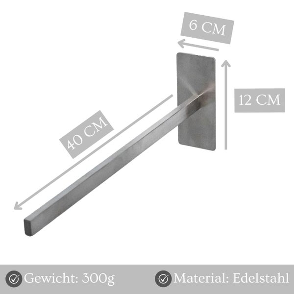 Wandregalträger aus Edelstahl, 40 Zentimeter Ausladung, 12 Zentimeter Höhe, 6 Zentimeter Breite, Gewicht 300 Gramm.