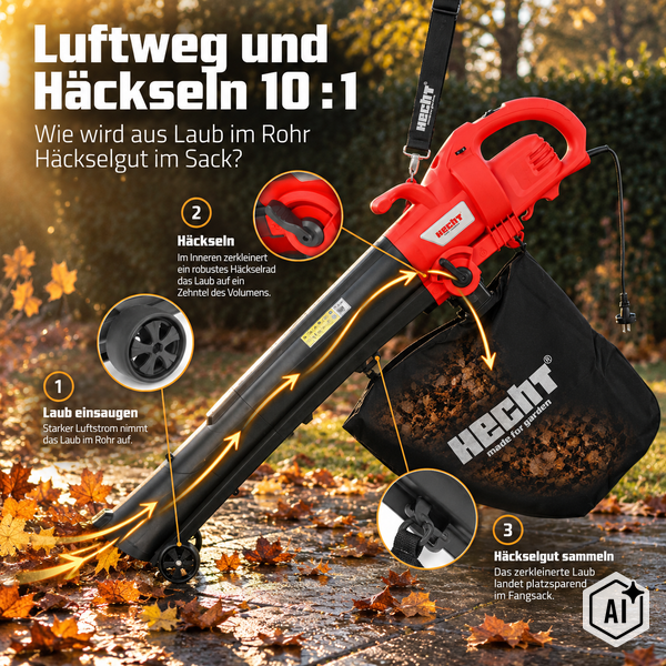 Hecht Elektro Laubsauger und Laubbläser mit Häckselfunktion und Auffangsack, 10 zu 1 Häckselverhältnis zur Volumenreduzierung von Laub.