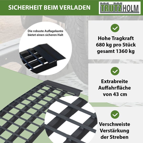 TRUTZHOLM 1 x Auffahrrampe 230 cm Traglast 680 kg Alu klappbar schwarz Riffelstab Verladerampe