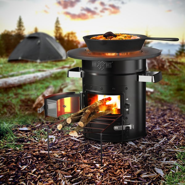 BBQ#BOSS Raketenofen mit Grillpfanne & Tragetasche, Schwarz, Campingkocher Holz mit Brennholzständer, Doppeltür, Camping BBQ Holzofen zum Kochen, Outdoor-Küche, Raketenherd für Dutch Oven Campinggrill