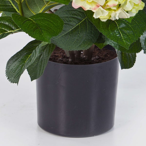 Künstliche Hortensie im schwarzen Topf mit grünen Blättern und cremefarbenen Blüten