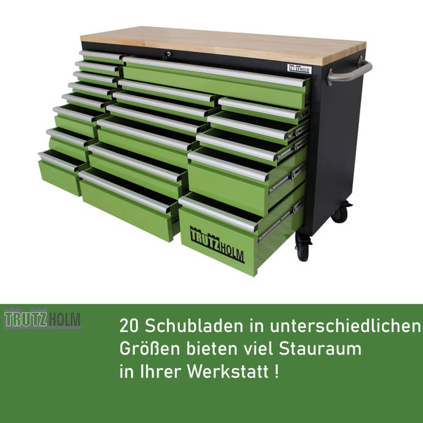 Trutzholm Werkstattwagen mit 20 Schubladen in unterschiedlichen Größen und einer Arbeitsplatte aus Holz.