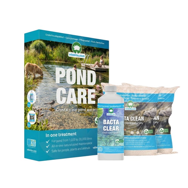 Teichpflege-Set vdvelde.com Pond Care inklusive einer Flasche Bacta Clear Teichbakterien und zwei Beuteln Bacta Clean Schlammentferner.