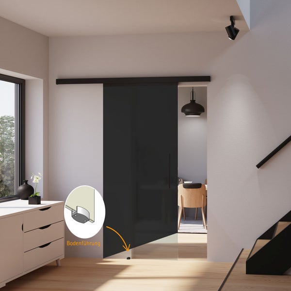 Tür Schiebetür Komplettset Glas schwarz satiniert 900x2035 Zimmertür Glasschiebetür Glastür -  Stabgriff-Softclose beidseitig