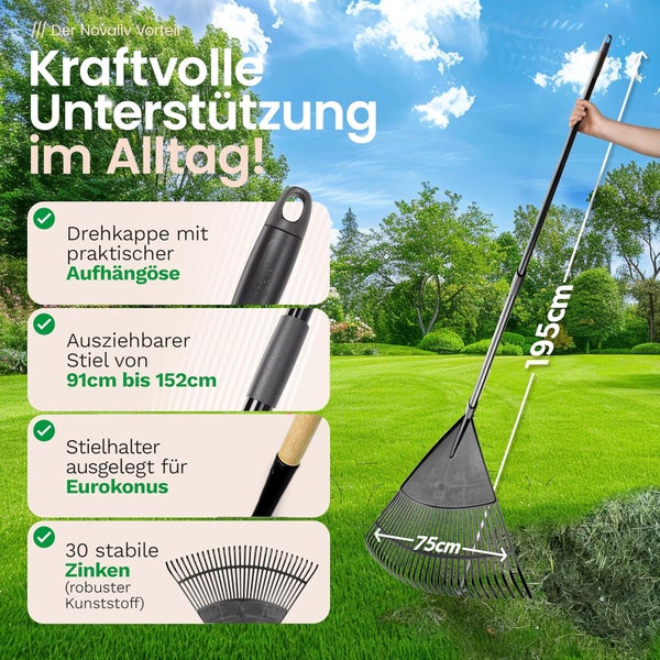 Novaliv Laubbesen mit Teleskopstiel von 91 bis 152 Zentimeter, 30 Kunststoffzinken, 75 Zentimeter Arbeitsbreite und praktischer Aufhängöse.