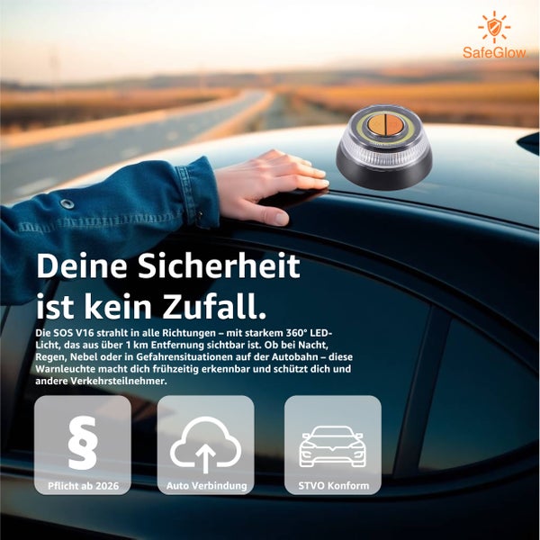 SafeGlow Logo. SOS-Warnleuchte V16 auf einem Autodach mit dem Symbol Pflicht ab 2026, Autosymbol und STVO-konform Symbol