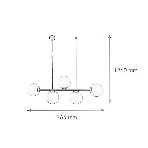 Technische Zeichnung einer Pendelleuchte mit fünf Glaskugeln und den Maßen 1260 mm Höhe und 965 mm Breite