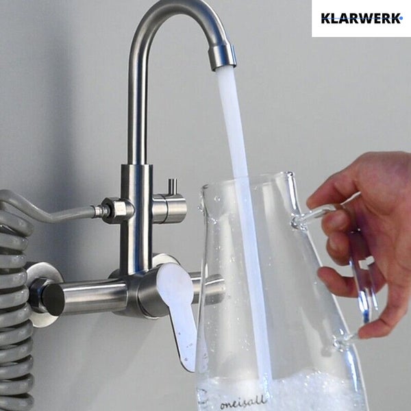 JULIE | Gastronomie Mischbatterie Wandmontage Armatur Silber | Profi Küchenarmatur Edelstahl mit Handbrause | Wasserhahn Restaurant Wand hoher Auslauf