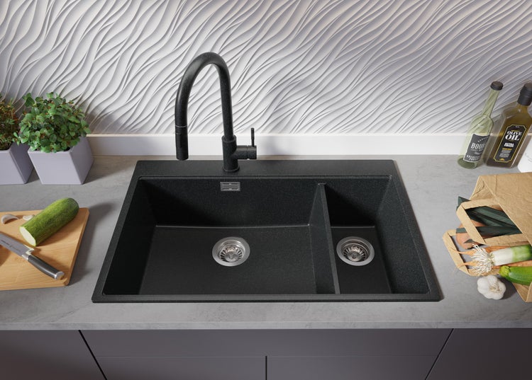 PRIMAGRAN Spülbecken Anthrazit 78x50cm, Granitspüle 2 Becken + Ablauf-Set + Schneidebrett, Küchenspüle ab 80er Unterschrank - Oslo Duo