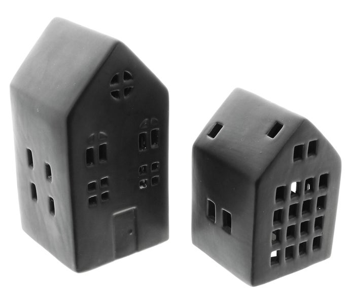 FRANK FLECHTWAREN | LED-Haus Black, 2er Set, PORZELLAN, KUNSTSTOFF, 7,5 x 7 x 11 cm, 8 x 8 x 15 cm,
