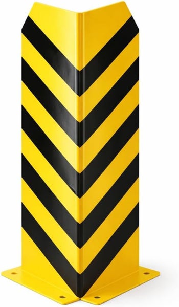 Eckschutzwinkel aus Stahl mit gelb-schwarzer Warnmarkierung und Bodenplatte zur Montage.