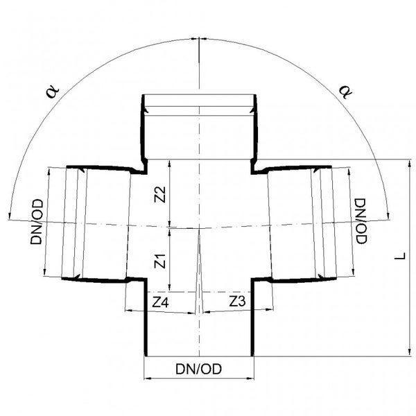 Technische Zeichnung eines Doppelabzweigs für Rohre mit Maßangaben für Durchmesser, Längen und Winkel.