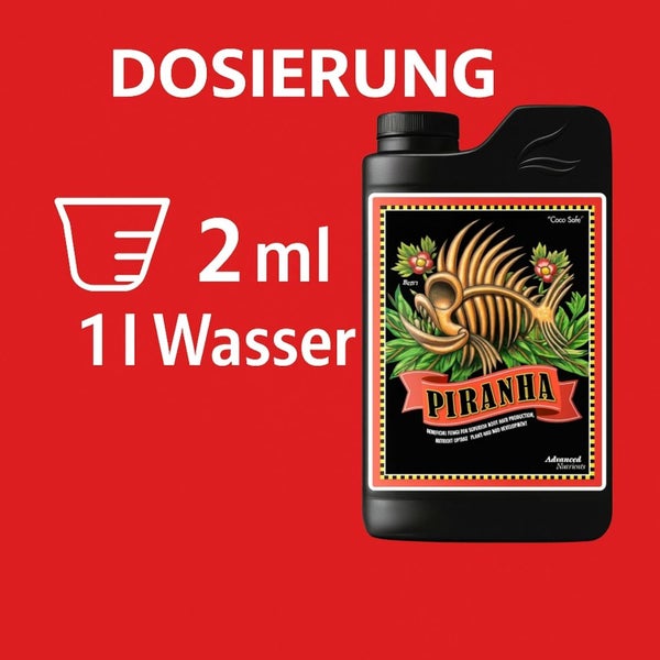 Dosierungsempfehlung für Advanced Nutrients Piranha: 2 Milliliter auf 1 Liter Wasser.