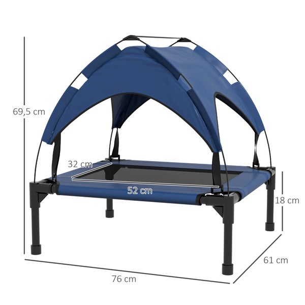 PawHut Erhöhtes Hundebett mit Baldachin, Haustierbett, Outdoor Hundeliege mit Dach, Atmungsaktiv, für kleine und mittelgroße Hunde Dunkelblau Oxford 76 x 61 x 69,5 cm
