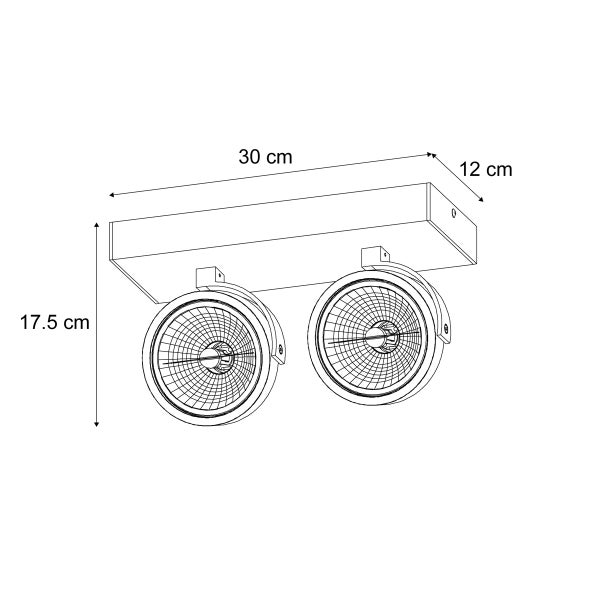 Technische Zeichnung einer Deckenleuchte mit zwei Strahlern, Maße: 30 cm breit, 12 cm tief, 17,5 cm hoch.