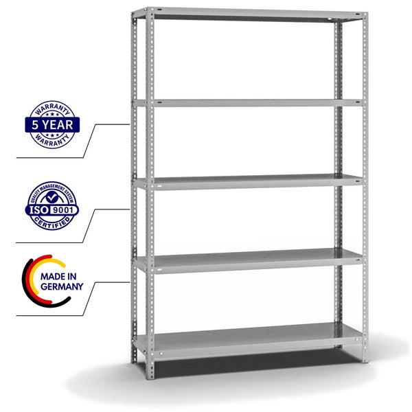 PROREGAL Fachbodenregal Schraubsystem Light-Duty Grundregal HxBxT 200 x 130 x 40 cm 5 Ebenen Fachlast 125 kg Beidseitig Nutzbar Verzinkt
