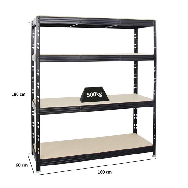 PROREGAL Profi Schwerlastregal Rhino HxBxT 180 x 160 x 60 cm 4 Spanplatten-Ebenen 16mm Fachlast 500 kg Schwarz