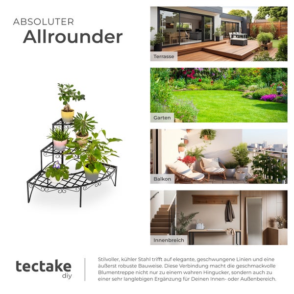 Produktbild mit einer schwarzen, dreistufigen Eck-Blumentreppe mit Pflanzen, sowie Anwendungsbeispiele für Terrasse, Garten, Balkon und Innenbereich.