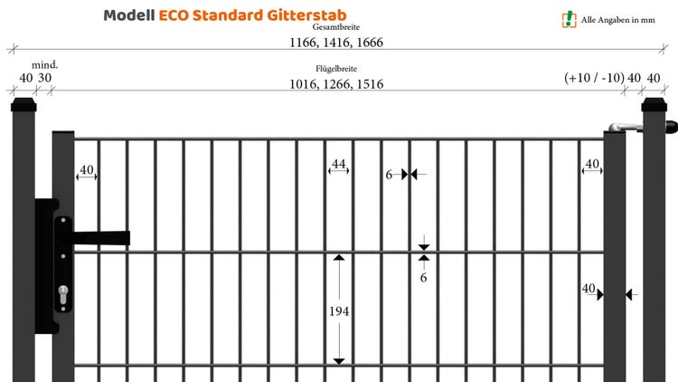 ECO Standard Gitterstab Modell mit Maßangaben