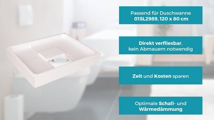 Calmwaters® Duschwannenträger 120x80 cm Modern Select, Passend für Rechteck-Duschwanne 120 x 80 x 2,5 cm, Styropor-Wannenträger, Schall- und wärmedämmend, Direkt verfliesbar, Weiß, 03AX3044