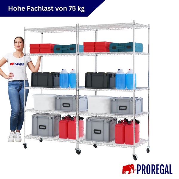 Mobiles Gitterregal von ProRegal mit Rollen und fünf Ebenen, bestückt mit Lagerboxen und Kanistern, 75 Kilogramm Fachlast, ProRegal Logo.