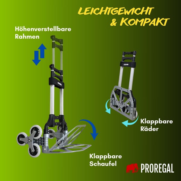 PROREGAL Klappbare Treppensackkarre ELEPHANT HxBxT 110x45x48cm Traglast 70kg Aluminiumrahmen ergonomische Griffe TRR Fachgummiräder Silber Treppensteiger Sackkarre